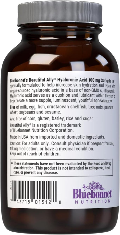 Bluebonnet Nutrition Beautiful Ally Hyaluronic Acid 100mg, 90 Softgels, Non-GMO, Gluten-Free