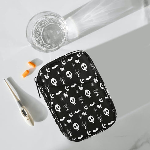 Skerhhux 7 Skull Black Halloween Pill Case Travel Pill Organizer Weekly Day Portable with Zipper Medicine Box Pill Case