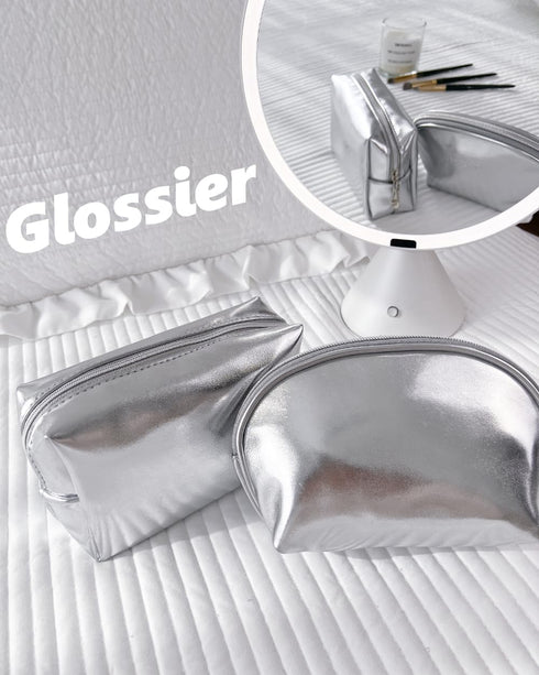 Small Makeup Bag,Cosmetic Bags for Women,Silver Leather Makeup Pouch