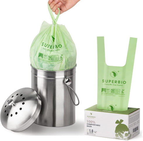 SUPERBIO 1.6 Gallon Compostable Handle Tie Food Waste Bags, 50 Count, Small Bags for Countertop Bin