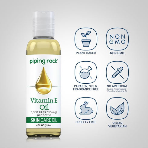 Piping Rock Vitamin E Oil 5000 IU, 4 floz, Nourishing Vegetarian Oil Complex for Skin, Hair, & Face