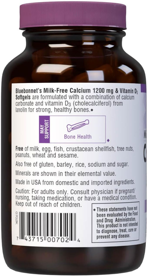 Bluebonnet Nutrition Milk-Free Calcium 1,200 mg Plus Vitamin D3 400 IU - High Potency Supplement for Strong Healthy