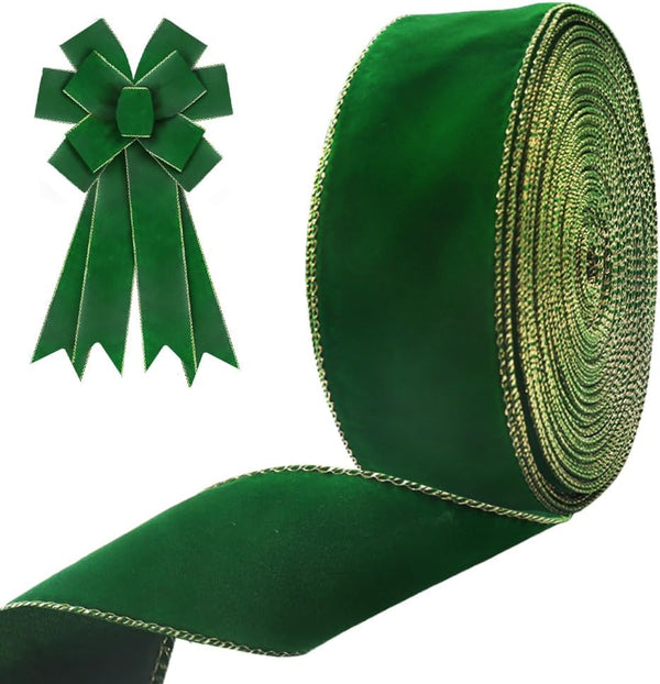 Green Velvet Ribbons for Crafting, 2.5 Inch x 50 Yards, Wired Edge for Holiday Gift Wrapping