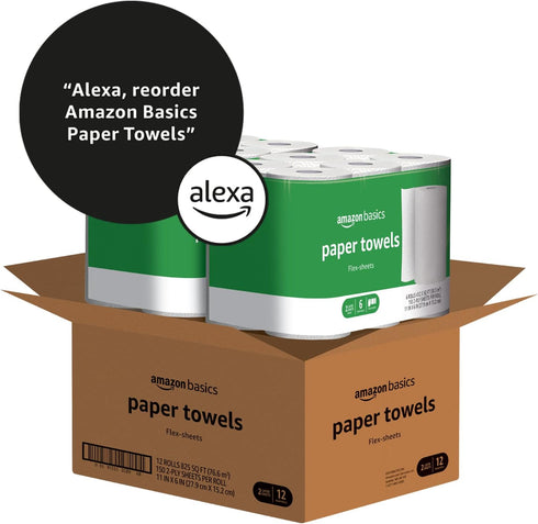 Amazon Basics 2-Ply Flex-Sheets Paper Towels, 12 Basics Rolls = 32 Regular Rolls, 150 Sheets