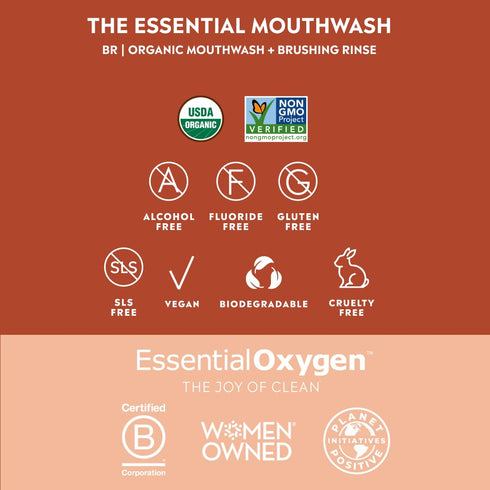 Essential Oxygen BR Certified Organic Brushing Rinse, Cinnamint, 32 Ounce, All Natural Mouthwash for Whiter Teeth