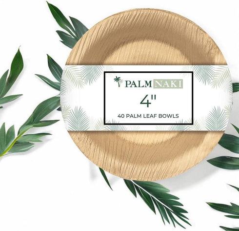 PALM NAKI Eco-Friendly 4-Inch Round Palm Leaf Bowls (40 Pack), Sustainable, Decorative, Compostable Tableware