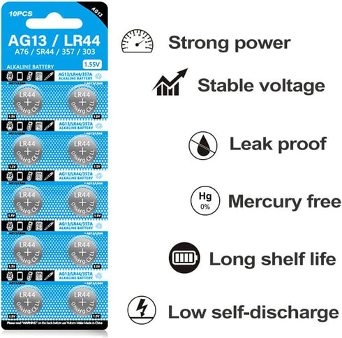 jixik 10pcs LR44 AG13 1.5V 357 303 SR44 LR1154 G13 L1154 Batteries Button Cell Battery Button Coin Batteries Battery