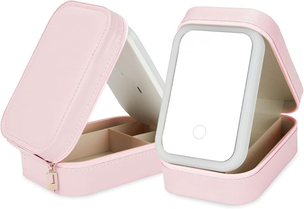 Portable Travel Makeup Mirror with LED Light, Compact Makeup Bag with Dividers, Adjustable Brightness Mirror