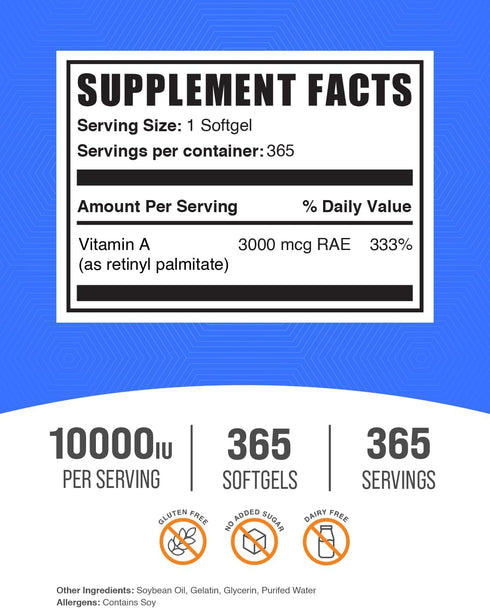 BulkSupplements.com Vitamin A 10000 IU Softgels - as Retinyl Palmitate, Vitamin A Supplement - for Eye & Immune Support, Gluten Free, 1 Softgel per Serving, 365 Count (Pack of 1)