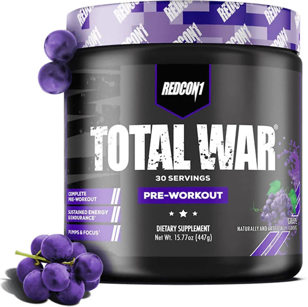 REDCON1 Total War Pre Workout Powder, Grape - Fast Acting Caffeinated Preworkout for Men + Women (30 Servings)