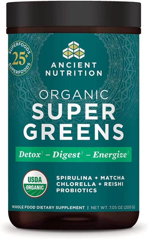 Ancient Nutrition Super Greens Powder, Organic Superfood with Probiotics, Spirulina, Chlorella, Matcha, 25 Servings