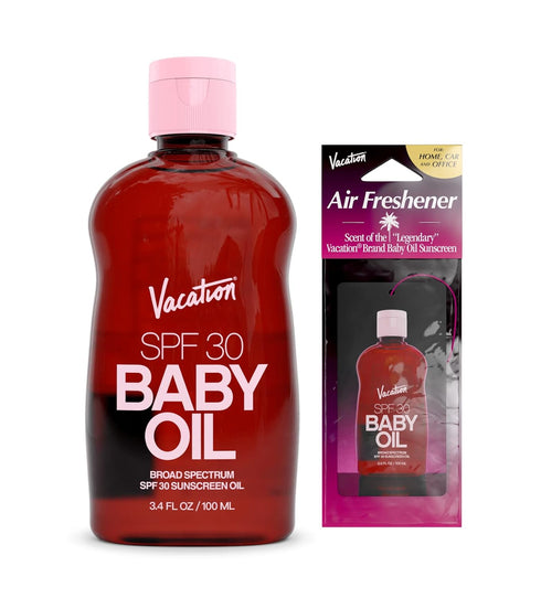 Vacation Baby Oil SPF 30 + Air Freshener Bundle, Broad Spectrum SPF 30 Sunscreen Oil, Travel Size, 3.4 fl. oz.
