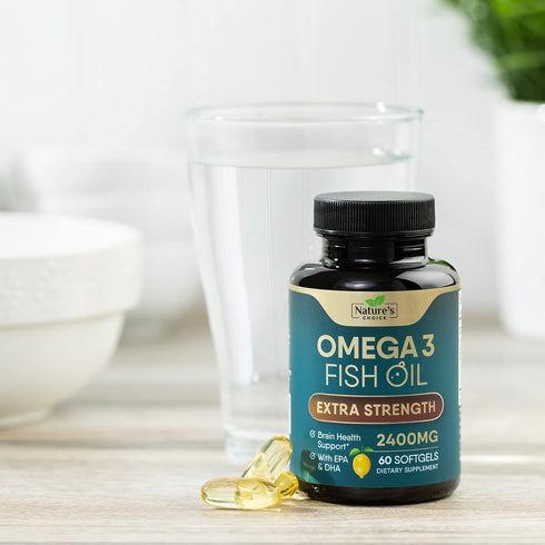 Triple Strength Omega 3 Fish Oil, 2400 mg Supplement - 60 Softgels for Brain & Heart Health Support