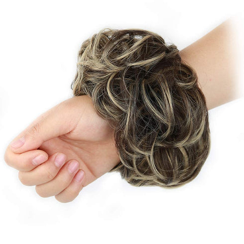 MORICA 1PCS Messy Hair Bun Extension, Curly Wavy Synthetic Chignon Hairpieces for Women (Dark Brown & Ash Blonde)