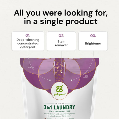 Grab Green 3-in-1 Laundry Detergent Pods, 24 Count, Vetiver Scent, Plant and Mineral Based