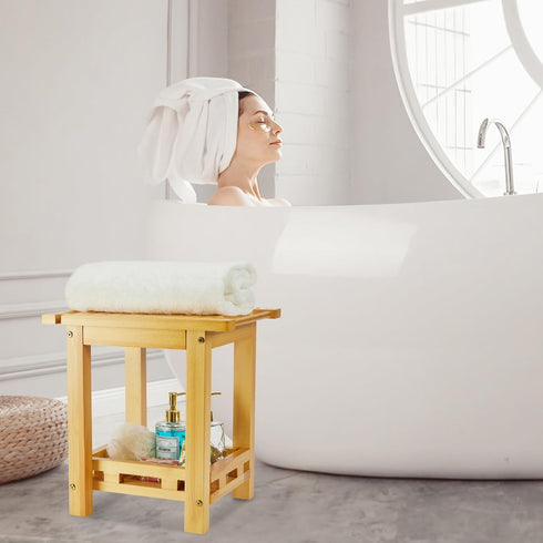DNANAOL 450 lbs Shower Bench - Natural Wood Shower Stool with Storage Shelf, Waterproof Shower Chair with Handles