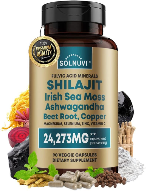 Shilajit Pure Himalayan Organic Capsules, 15000mg with Irish Sea Moss & Ashwagandha, 90 Count, Non-GMO, Gluten-Free