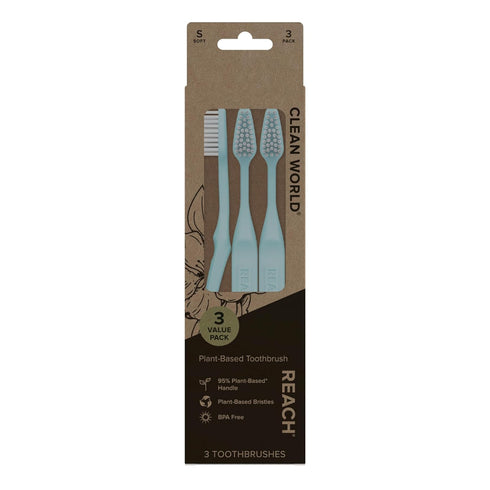 Reach Clean World Plant-Based Toothbrush, Soft Bristles, Vegan Friendly, Recyclable Packaging, 3