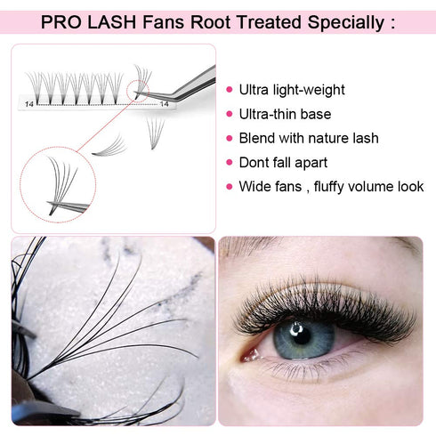 PRO LASHBEAUTY Premade Volume Eyelash Extensions, 5D, D Curl, 0.10mm, 14mm, Vegan, Individual