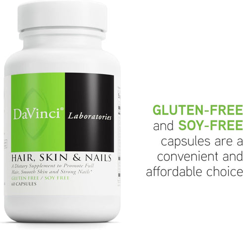 DAVINCI Labs Hair, Skin & Nails Supplement - 60 Capsules with Collagen, Biotin, Hyaluronic Acid for Healthy Skin