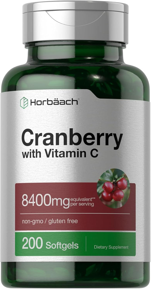 Horbaeach Cranberry Pills with Vitamin C | 8400mg | 200 Softgels | Non-GMO, Gluten Free Concentrate Extract Supplement