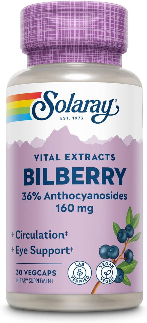 Bilberry Extract 160 mg SOLARAY, Eye Health & Circulation Support, 36% Anthocyanosides Plus Blueberry, Vegan, 30 VegCaps