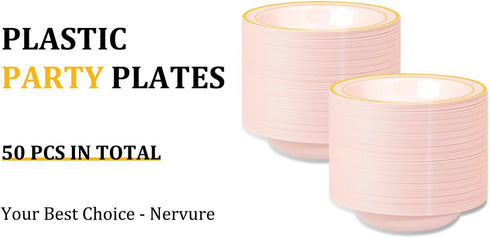 Nervure 50 Pack Pink Plastic Bowls with Gold Rim, 12oz Disposable Soup Bowls for Weddings, Parties, Everyday Use