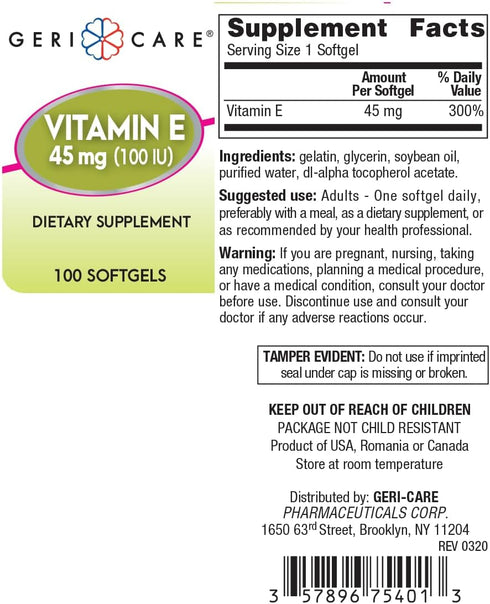 GeriCare Vitamin E Supplement 45 mg (100 IU) Softgels, Supports Skin, Brain & Immune Health, 100 Count (Pack of 1)