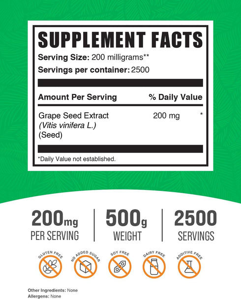 BulkSupplements.com Grape Seed Extract Powder - Antioxidant Herbal Supplement, 500g (1.1 lbs)