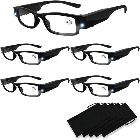 Reading Glasses with Bright LED Lights, Lighted Magnifier Nighttime Reader, 5PCS (Black, +200)