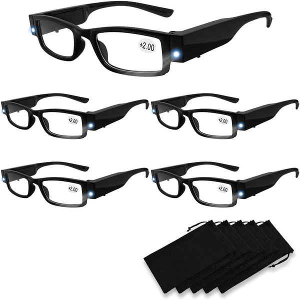 Reading Glasses with Bright LED Lights, Lighted Magnifier Nighttime Reader, 5PCS (Black, +200)