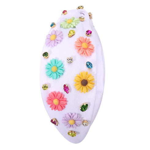 NVENF Flower Headbands for Women, Spring Summer Floral Knotted Headband with Crystal Rhinestones