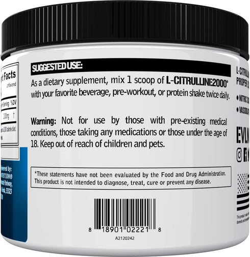 Evlution L-Citrulline 2000, High Strength Nitric Oxide Pre Workout Powder for Enhanced Muscle Strength