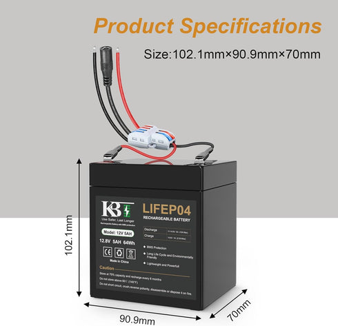 KBT KEEP BETTER TECH 12V 5Ah LiFePO4 Pack, 12V KBT Rechargeable Lithium Battery Bare Leads Wire Replacement Battery