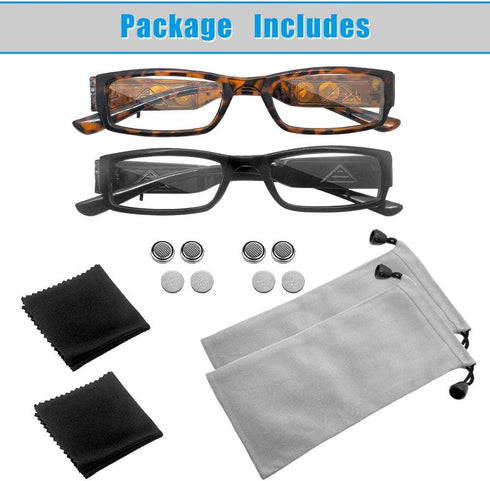 2 Pcs Reading Glasses with Lights, LED Readers for Men Women, Lighted Magnifier Nighttime Reader, +250
