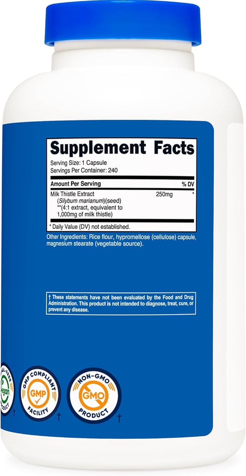 Nutricost Milk Thistle 250mg (1000mg Equivalent), 240 Non-GMO Vegetarian Capsules - 4:1 Extract