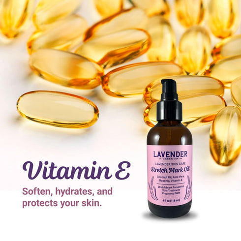 Natural Lavender Body Oil - Skincare with Vitamin E & Rosehip Oil for Stretch Marks, Scars, Dry Skin | 4oz