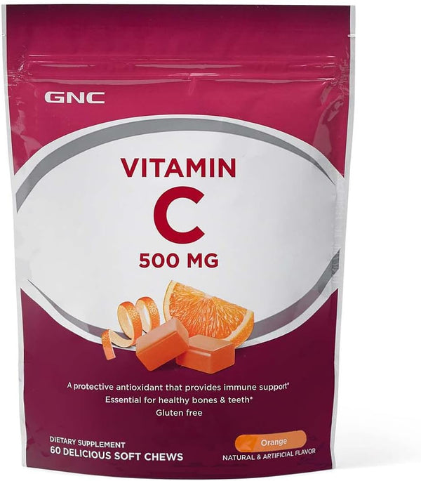 GNC Vitamin C Soft Chews 500mg, Orange, 60 Chews for Natural Resistance