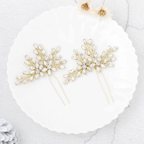 Unicra Wedding Crystal Flower Hair Pins, Decorative Wedding Bridal Hair Accessories for Brides, Pack of 2 (B-Gold)