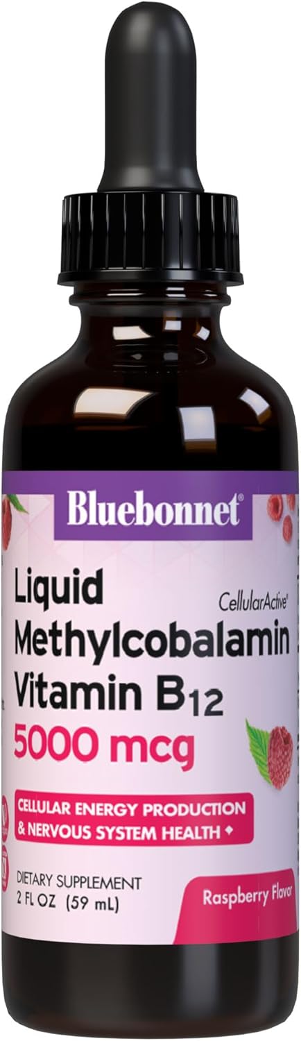 Liquid Methylcobalamin Vitamin B12, 5000 mcg, 2 Fl Oz, Bluebonnet - Vegan, Gluten-Free, Raspberry Flavor