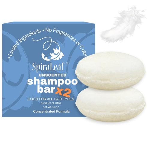 Spiraleaf Unscented Solid Shampoo Bars x2 – Fragrance-Free, Dye-Free, Nourishing Oils, All Hair Types, USA Crafted