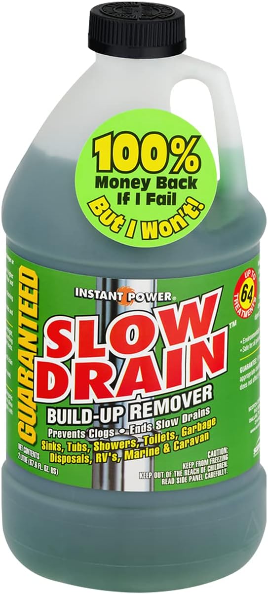 Instant Power Slow Drain Build Up Remover – Ends Slow Drains for Sinks, Tubs, Showers, Toilets, Disposals, RVs, 2 Liters