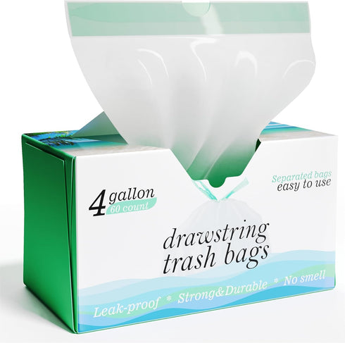 4 Gallon Drawstring Trash Bags, 60 Count, 0.5 Mil Strong Small Garbage Bags for Office Bathroom Kitchen