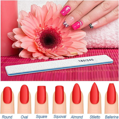 Nail File Set (12 PCS) - Double Sided Emery Boards 180/240 Grit for Natural Nails, Professional Manicure Tools