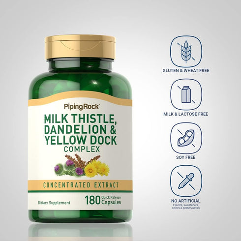 Piping Rock Milk Thistle, Dandelion & Yellow Dock | 180 Capsules | Concentrated Extract Complex, Non-GMO