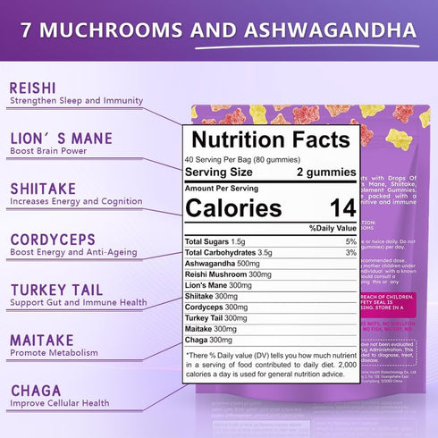 TWOHHACC Gummies Immune, Mushroom Supplement with Ashwagandha and Lions Mane, Maitake, Turkey Tail, Reishi, Chaga
