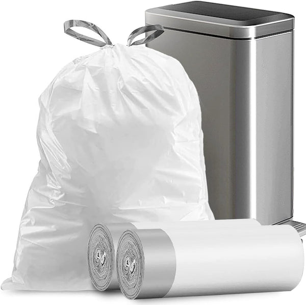 8 Gallon Drawstring Trash Bags, 34 Count Strong Medium Kitchen Garbage Bag, 22" x 23" White Trash Can Liners