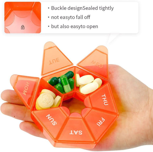 Pill Organizer, Weekly & Daily Pill Container, Small Pill Box for 1 Time a Day, Travel Pill Holder, 7 Day (Orange)