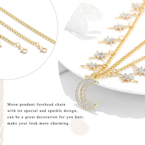Urieo Boho Moon Head Chain, Vintage Gold Crystal Tassel Forehead Hair Chain Accessories