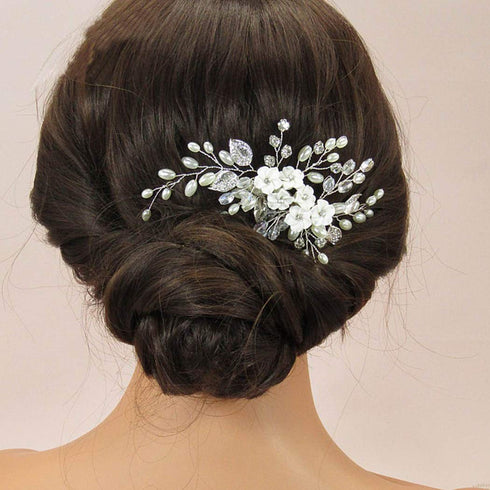 Latious Silver Flower Bride Wedding Hair Comb, Pearl Bridal Side Comb, Crystal Hair Piece for Women